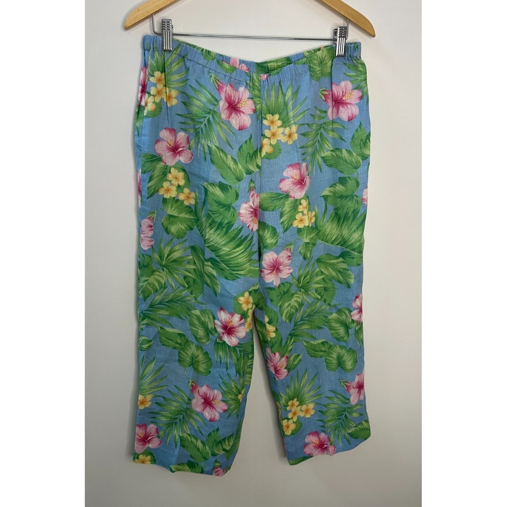 Shegos 100% Linen Pull On Crop Pants Tropical Hibiscus Floral Blue Pink Size 2 - Picture 2 of 10